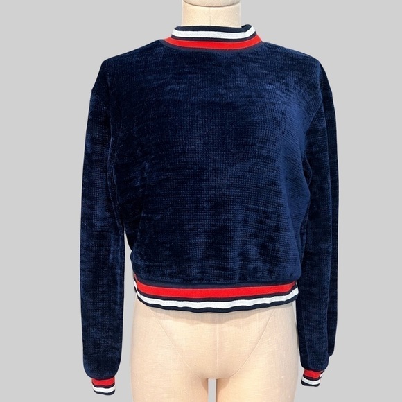 J.O.A. Navy with red and white trim short chenille sweater - Picture 1 of 14